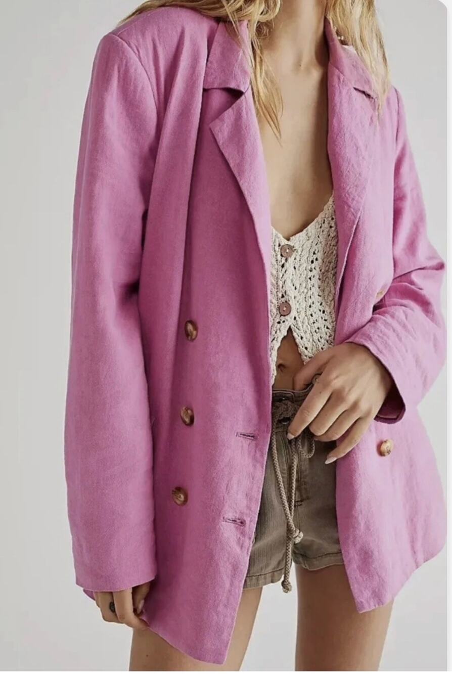 Free People Olivia Linen Blend Long Sleeve Belted Oversized Blazer Jacket Pink S